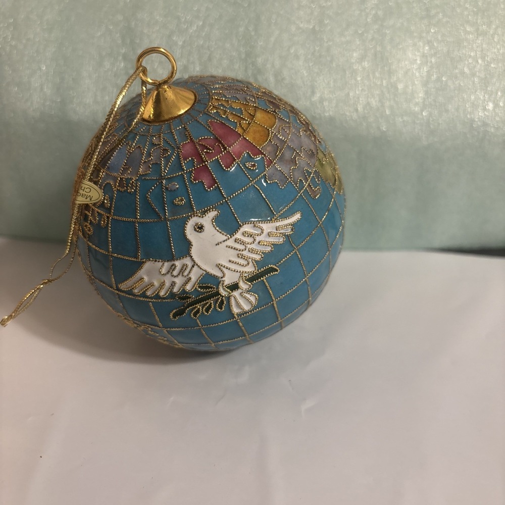 World PEACE Cloisonne, Enamel & Metal Globe Ornament ~ 4" Round